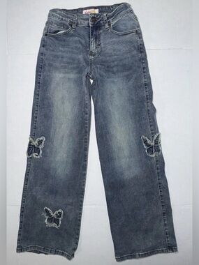 Girls' Washed Gray Wide-Leg Jeans with Butterfly Appliqués